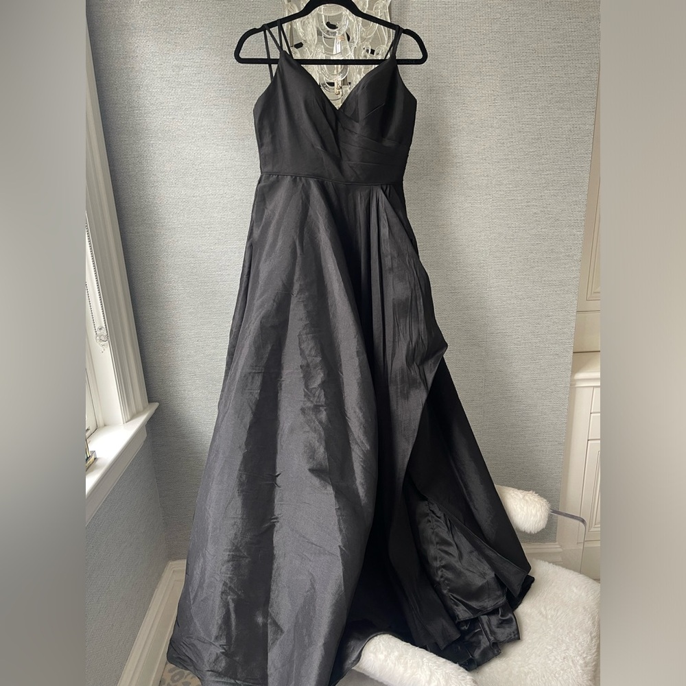 ALYCE Paris Black satin dress with straps, front slit and train skirt size 10